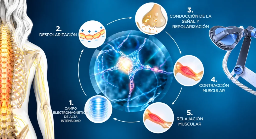 Infografía del sistema súper inductivo SIS que muestra cómo la magnetoterapia estimula los nervios y provoca la contracción y relajación muscular.